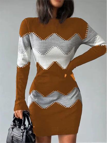 2024 Autumn Women's Fashion Print Slim Fit Knitted Dress with Long Sleeves and O-Neck, Elegant Bodycon Mini Dress in 4XL