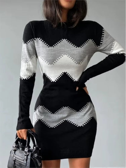 2024 Autumn Women's Fashion Print Slim Fit Knitted Dress with Long Sleeves and O-Neck, Elegant Bodycon Mini Dress in 4XL