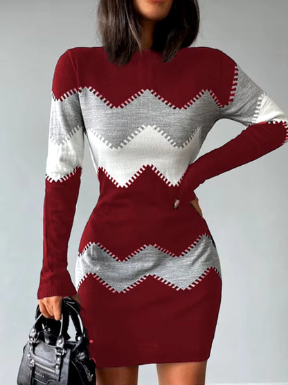 2024 Autumn Women's Fashion Print Slim Fit Knitted Dress with Long Sleeves and O-Neck, Elegant Bodycon Mini Dress in 4XL